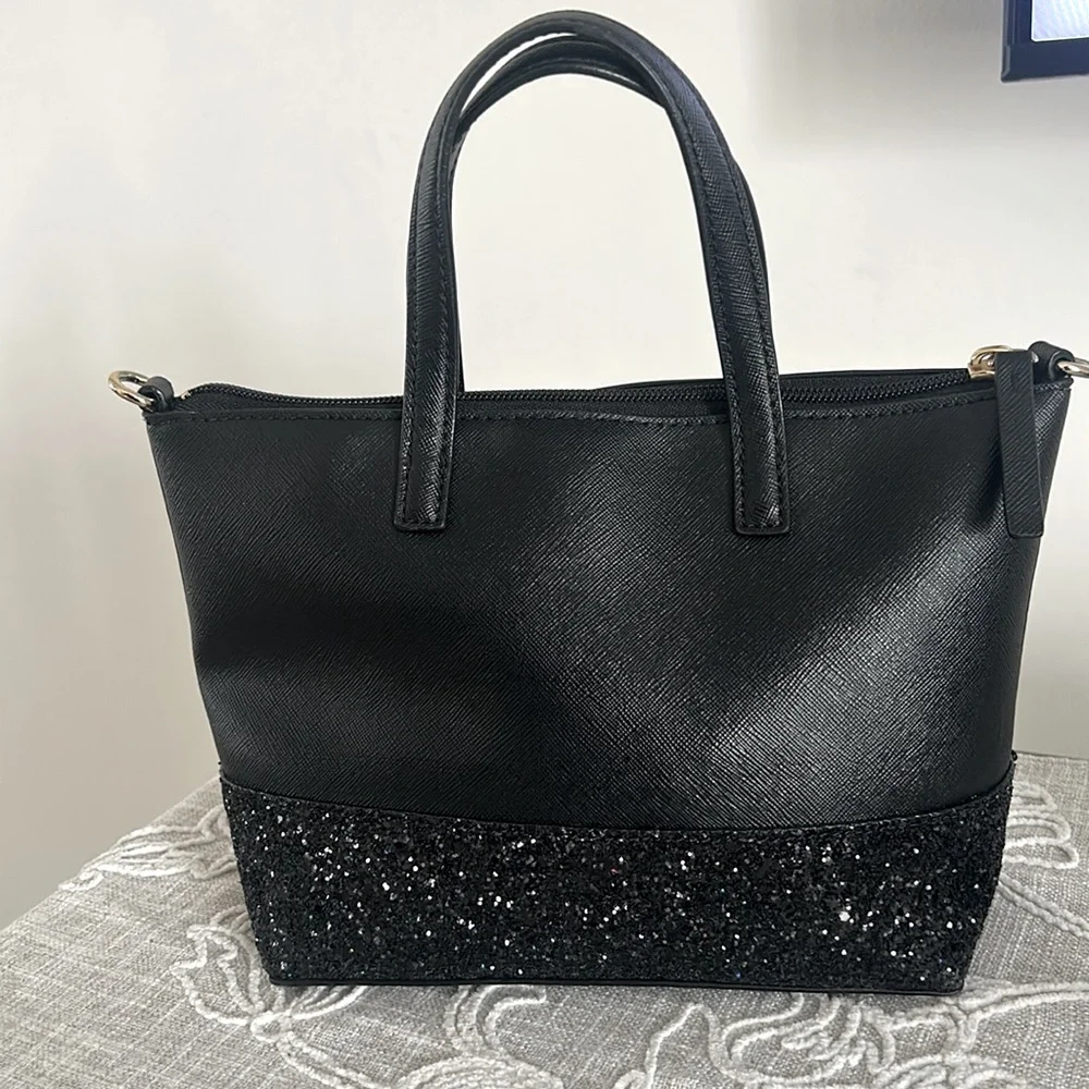 Kate Spade NY Black Greta Court Glitter & Staffiano  Satchel Bag